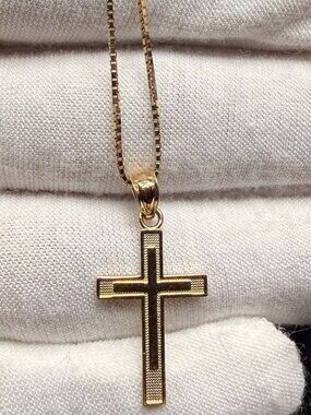 14K Yellow Gold Latin Cross Pendant With 0.8mm Box Chain - 24 inch